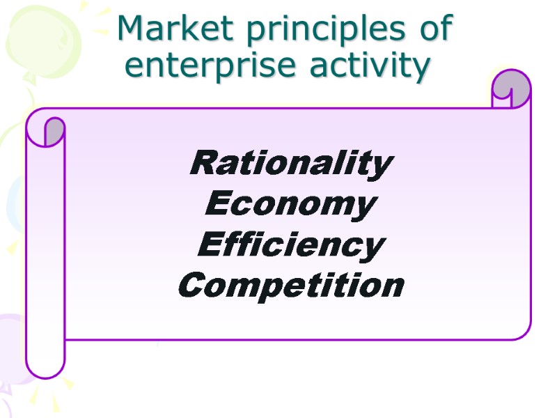 Market principles of enterprise activity Rationality Economy Efficiency Competition